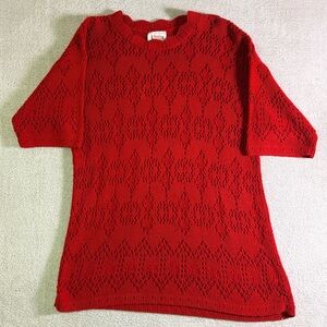 Vintage 80s Bright Lights Red Crochet Knit Tunic Sweater Top Women’s M USA Made